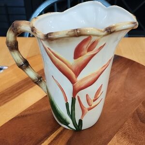 Tropical Floral Ceramic Pitcher with Bamboo Handle